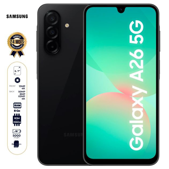 Image sur Samsung Galaxy A26 5G - 256 Go - 8Go RAM - 6.7" - Dual Nano SIM - 50MP+8MP+2MP 4k/13MP - 5000mAh - Garantie 24 Mois