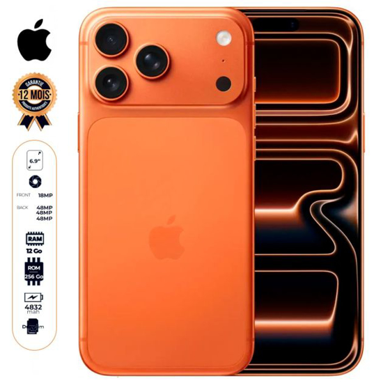 Image sur iPhone 17 Pro Max - 256 Go - 12Go RAM - 6,9" - Apple A19 Pro - 1 sim physique + eSIM - 48MP+48MP +48MP /18MP - 4832 mAh - Garantie 12 mois