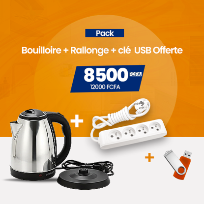 Image de Bouilloire électrique SCARLETT SC-20 (2 L - 2000 W - Inox - Garantie 3 mois) + Rallonge multiprise (4 prises – 1,8–3 m - modèle non contractuel) + Clé USB (modèle et capacité non contractuels)