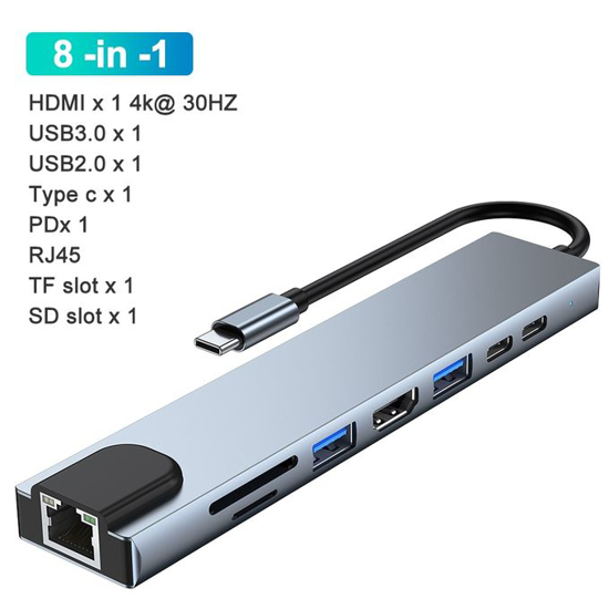 Image sur Adaptateur Hub Type C 8 en 1 vers HDMI/HDTV 4K+PD+2USB+SD+Type C+RJ45 Docking station