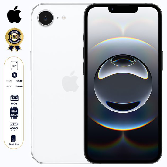 Image sur Apple iPhone 16e - 256 Go - 8 Go RAM - Apple A18 - 6,1" Super Retina XDR OLED - 48MP/ 12MP - 5G - Nano-SIM + eSIM + eSIM - 4005 mAh - Garantie 12 mois
