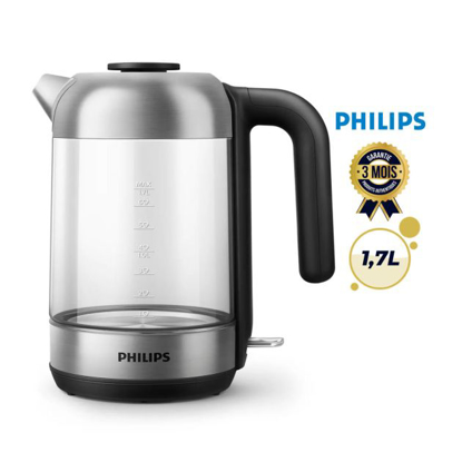 Agrandir l'image de Bouilloire en verre Philips HD9339/80 – capacité 1,7 L – résistance plate (ébullition rapide) – indicateur/filtre micro-maille anti-calcaire – sécurité anti-marche à vide – Garantie 03 mois Image de Bouilloire en verre Philips HD9339/80 – capacité 1,7 L – résistance plate (ébullition rapide) – indicateur/filtre micro-maille anti-calcaire – sécurité anti-marche à vide – Garantie 03 mois