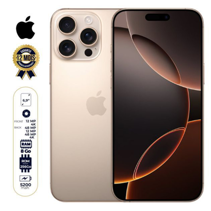 Image de iPhone 16 Pro Max - Version Américaine - 256 Go - 8Go RAM - 6,9" - Apple A18 Pro - e-SIM - 48MP+12MP +48MP /12MP - 5200mAh - Garantie 12 mois