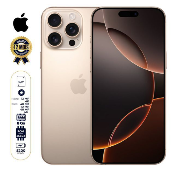 Image sur iPhone 16 Pro Max - Version Américaine - 256 Go - 8Go RAM - 6,9" - Apple A18 Pro - e-SIM - 48MP+12MP +48MP /12MP - 5200mAh - Garantie 12 mois