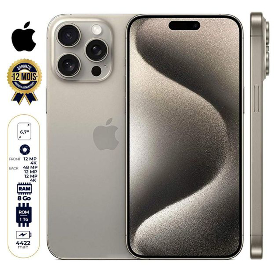 Image sur iPhone 15 Pro Max - 512 Go/8Go - 6,7" - Apple A17 Pro - Nano SIM physique et e-sim - 48 MP+12MP+12MP/12MP - 4422mAh - Version internationale - Garantie 12 mois