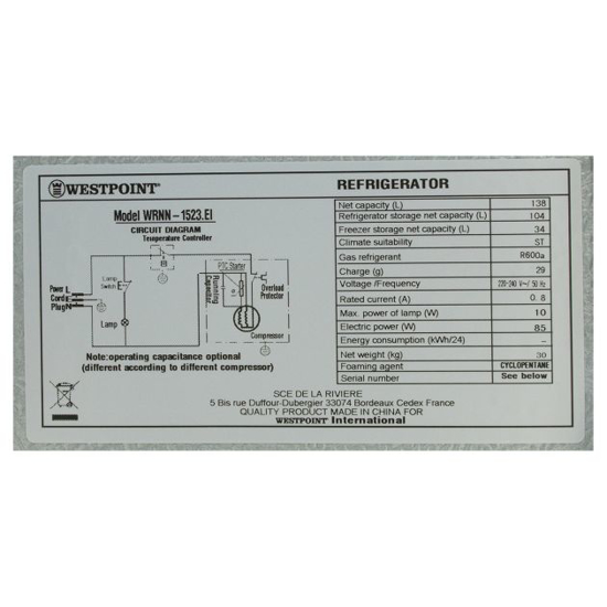 Image sur Réfrigérateur double-porte Westpoint WRNN-1523 – 138 L – classe énergie A+ – gaz R600a – Garantie 6 mois