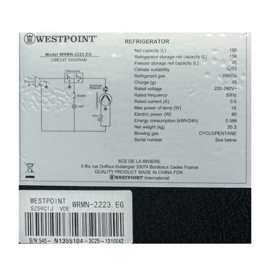 Image sur Réfrigérateur double-porte Westpoint WRMN-2223 – 198 L – Classe A+ – gaz R600a – Garantie 6 mois