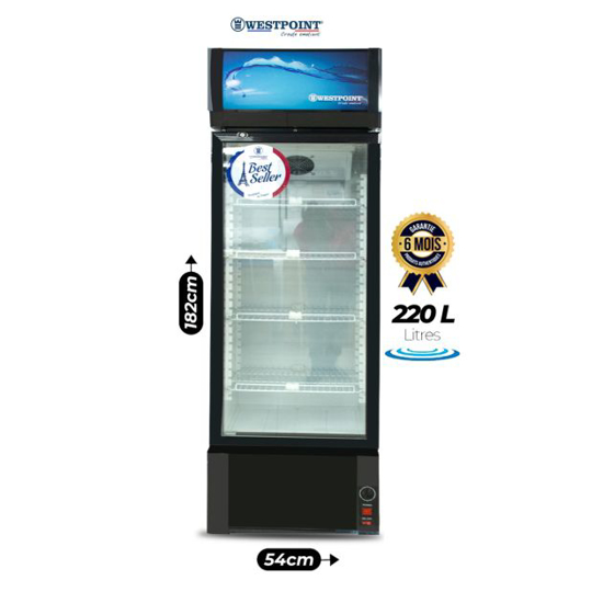 Image sur Réfrigérateur vitrine Westpoint WPFL-2423 – 220 L – porte vitrée simple – éclairage LED + gaz R600a – Garantie 6 mois