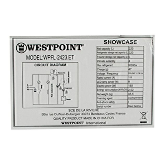 Image sur Réfrigérateur vitrine Westpoint WPFL-2423 – 220 L – porte vitrée simple – éclairage LED + gaz R600a – Garantie 6 mois
