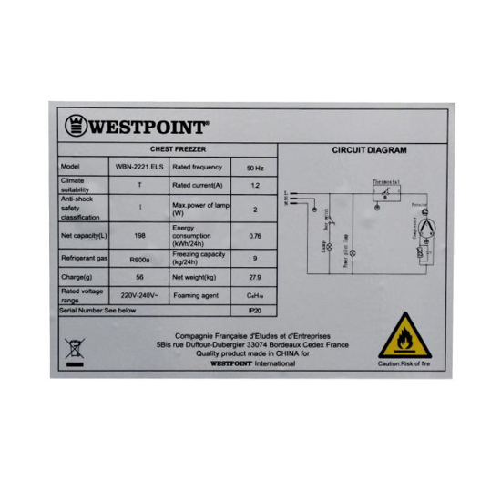 Image sur Congélateur coffre Westpoint WBN-2221 – 198 L – classe A+ – gaz R600a – Garantie 6 mois