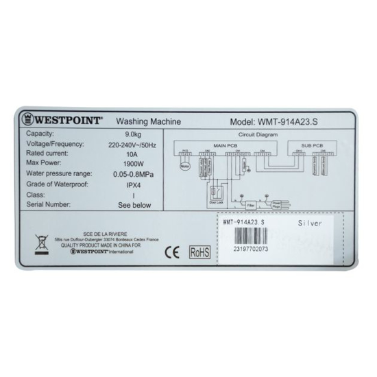 Image sur Machine à laver automatique Westpoint WMT-914A23 – 9 kg – 1 400 tr/min – Classe A+++ – Garantie 6 mois
