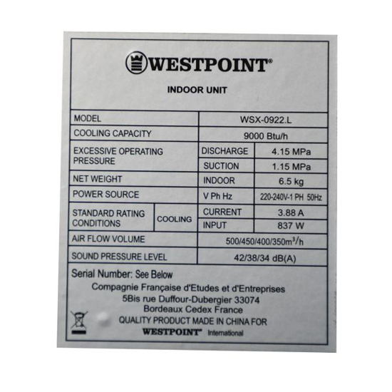 Image sur Climatiseur split mural Westpoint WST-0921.L – 9 000 BTU – gaz R410A – refroidissement seul – Garantie 06 mois