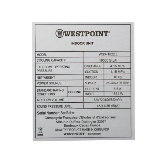 Image sur Climatiseur split mural Westpoint WST-1823.L – 18 000 BTU (~1,5 ton) – gaz R410A – refroidissement seul – Garantie 6 mois