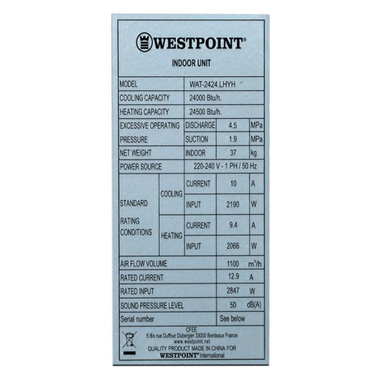 Image sur Climatiseur armoire Westpoint WAT-2424.L – 24 000 BTU (≈ 3 CV) – réversible froid/chaud – gaz R410A – Classe A++ – Garantie 6 mois