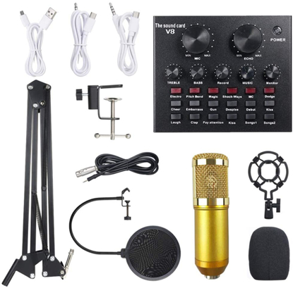 Image de Kit de microphone à condensateur d'enregistrement de studio de diffusion professionnel avec carte son externe + pare-brise de micro + support antichoc + support de bras de suspension réglable + pince de montage + filtre anti-pop + câble audio