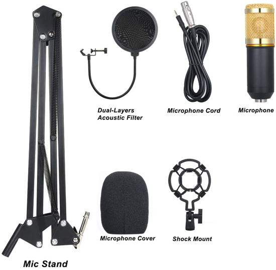 Image sur Kit de microphone à condensateur d'enregistrement de studio de diffusion professionnel avec carte son externe + pare-brise de micro + support antichoc + support de bras de suspension réglable + pince de montage + filtre anti-pop + câble audio